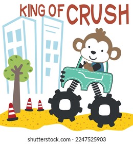 Vector illustration of monster truck with little monkey driver. Can be used for t-shirt print, kids wear fashion design, invitation card. fabric, textile, nursery wallpaper and other decoration.