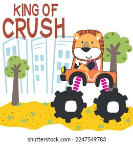 Vector illustration of monster truck with little lion driver. Can be used for t-shirt print, kids wear fashion design, invitation card. fabric, textile, nursery wallpaper and other decoration.