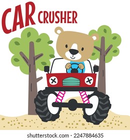 Vector illustration of monster truck with little bear driver. Can be used for t-shirt print, kids wear fashion design, invitation card. fabric, textile, nursery wallpaper and other decoration.