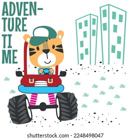 Vector illustration of monster truck with little tiger driver. Can be used for t-shirt print, kids wear fashion design, invitation card. fabric, textile, nursery wallpaper and other decoration.