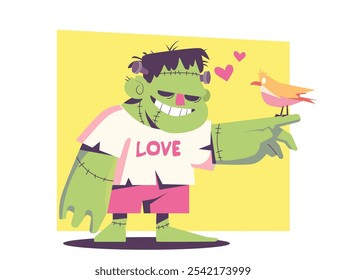 Ilustración vectorial de monstruo con pantalones cortos rosas y camisa blanca con el texto de AMOR escrito en él, sosteniendo su mano a los pájaros que está sonriendo. Monstruo lindo y alegre