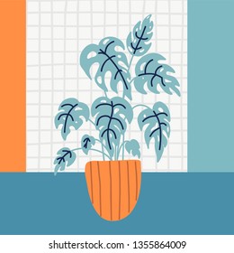 Vector illustration of monstera. Beautiful object with home plants. 
