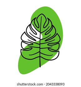 Vector illustration of a monstera with a black outline and a green element on a white background.