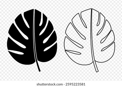 Vector illustration of Monstera leaf in black outline and fill on transparent background