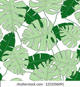 Vector illustration of monstera leaves seamless pattern. Green tropical Leaves. texture, Exotic Tree. Summer pattern in flat style for your design.