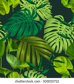 Vector Illustration Of Monstera And Palm Leave Seamless Pattern