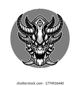 Vector illustration of Monsters Black-White Head with a Claw, Helmet and Horn on the Purple Background. Hand-drawn illustration for mascot esport logo poster t-shirt printing. Vector Logo
