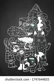 Vektorgrafik von Monstern und süßer, fremdenfreundlicher, cooler, handgezeichneter Monsterkollektion 
