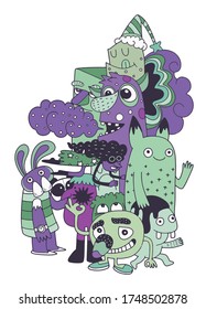 Ilustración vectorial de los monstruos y la adorable colección de monstruos alienígenas, geniales y lindos dibujados a mano 