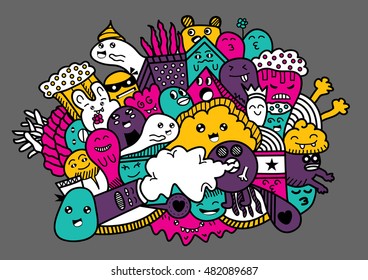 Vector illustration of Monsters and cute alien friendly, cool, cute hand-drawn