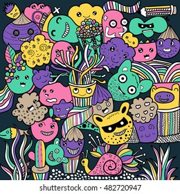Vector illustration of Monsters and cute alien friendly, cool, cute hand-drawn