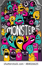 Vector illustration of Monsters and cute alien friendly, cool, cute hand-drawn