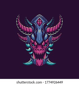 Vector illustration of Monsters Pink Blue Head with a Claw, Helmet and Horn on the Purple Background. Hand-drawn illustration for mascot esport logo poster t-shirt printing. Vector Logo