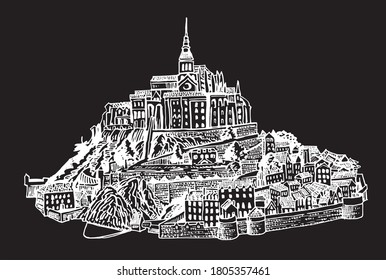 Vector illustration of  Mont Saint-Michel island, graphical castle isolated on balck. France