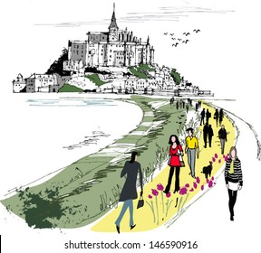 Vector illustration of Mont St.Michel and pedestrians, France.