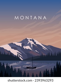 Ilustración vectorial. Montana, América. Cartel de viaje, portada, pancarta, postal. Diseño para embalaje, impresión.