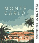 Vector illustration. Monte Carlo, postcard, cover, poster. Nature, city.