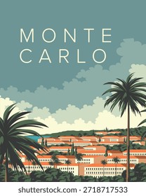 Ilustração vetorial. Monte Carlo, cartão postal, capa, cartaz. Natureza, cidade.
