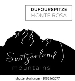 Vector illustration of Monte Rosa (Dufourspitze). Peak in Switzerland. Mountains. Climbing, hiking, trekking. Can be used as a print for T-shirts, mugs, stickers, notepads, souvenirs.