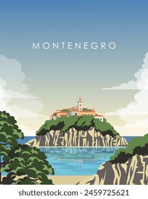 Vector illustration. Montenegro Sveti Stefan. Wall poster, banner, postcard, cover. Tourism, travel. Modern design.