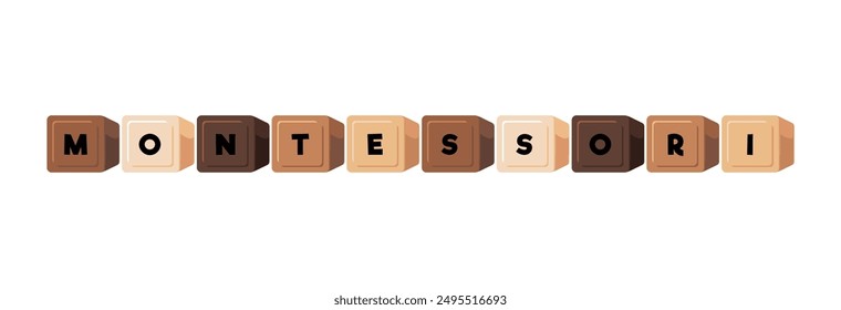 Vector illustration of Montessori. Colorful wooden blocks spell Montessori in different shades of brown and beige. Perfect for educational materials and children s learning resources.