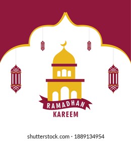 Vector illustration of the month of Ramadan Kareem and the mosque in red and orange. Suitable for design needs in the month of Ramadan.