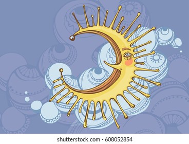 Vector illustration of the month. Yellow Crescent moon on background clouds in ethnic style. The moon on the cloud.
