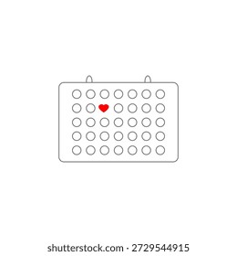 Ilustración vectorial de un calendario mensual con marcadores de fecha circulares y un símbolo de corazón rojo que destaca un día especial. Ideal para eventos románticos, aniversarios, diseños de San Valentín o recordatorios con temas de amor.