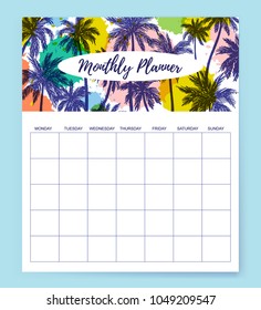 Vector illustration, Monthly Planner design template with colorful header with hand drawn  palm trees pattern.