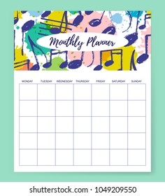 Vector illustration, Monthly Planner design template with colorful header with hand drawn music notes pattern. 