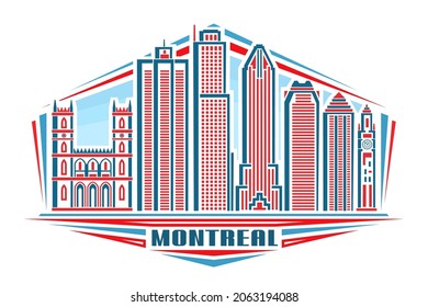 Vector illustration of Montreal, horizontal poster with linear design famous montreal city scape on day sky background, urban line art concept with decorative lettering for blue word montreal on white