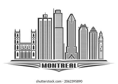 Vector illustration of Montreal, monochrome horizontal poster with linear design famous montreal city scape, urban line art concept with decorative letters for black word montreal on white background.