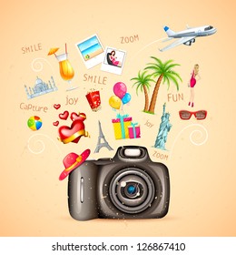 vector illustration of monument and object with camera for travel vacation