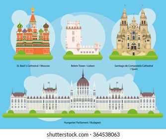 Vector illustration of Monuments and landmarks in Europe Set 2: St Basils Cathedral (Moscow), Belem Tower (Lisbon), Santiago de Compostela Cathedral (Spain) and Hungarian Parliament (Budapest).