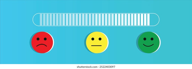 A vector illustration of a mood meter with three emoji faces: red sad, yellow neutral, and green happy, representing different emotional states. A slider bar is positioned on a blue background for rat