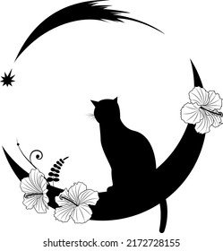 Ilustración vectorial con moom, gato, flores de hibisco y cometa en colores blanco y negro.  Gato y ratones sentados en la luna.