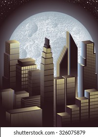 Vector illustration of moon above city
