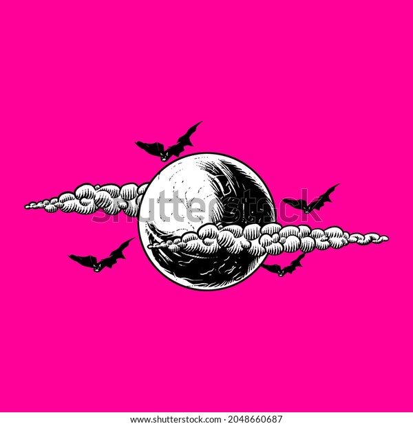 vector illustration\
of moon and bat\
detail	