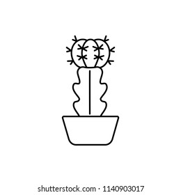 Vector illustration of moon cactus in the pot. Desert succulent plant for terrarium and rock garden. Line icon. Isolated object on white background. 