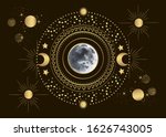 Vector illustration of moon in the center of the solar system, among the sun and planets in vintage engraving style.