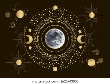 Vector illustration of moon in the center of the solar system, among the sun and planets in vintage engraving style.