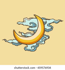 vector illustration of moon and cloud with japanese traditional painting style