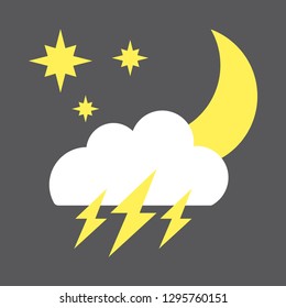 Vector illustration of a moon, cloud, stars and lightnings. Flat forecast icon of a stormy weather.