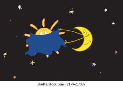 ilustración vectorial con la luna cubriendo el sol con un velo. eclipse divertido