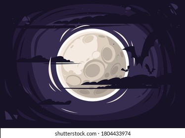 ilustración vectorial de la luna en un cielo oscuro con siluetas de nubes y murciélagos, noche de Halloween