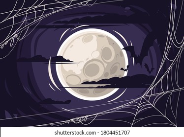 vector illustration of the moon in a dark sky with clouds and bats silhouettes, web in the foreground, Halloween night