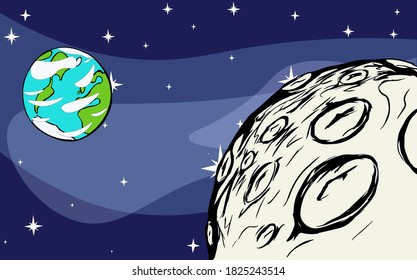 Ilustración vectorial de la luna y la tierra en el espacio exterior sobre el fondo de las estrellas
