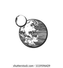 Vector illustration of the moon and earth. Two planets or planet and natural satellite. Vintage hand drawn engraving monochrome style. Isolated on white. Minimalistic Scandinavian drawing.