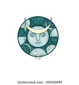 vector illustration moon with face blue astrology planet 