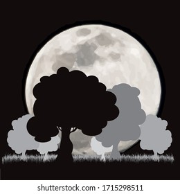 Vector illustration of moon with forest. Symbol of night and nature.